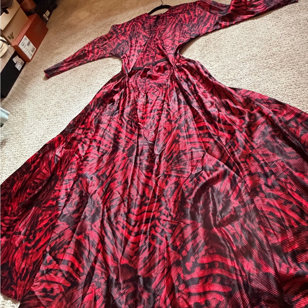 Vintage Silk Red Patterned Maxi Dress with Open Back size 10